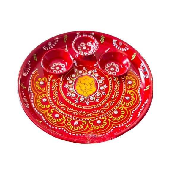 Red Green Kundan Work Pooja Aarti Thali, Pooja Thali Set Designer for Home