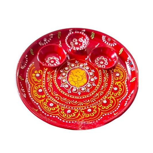 Red Green Kundan Work Pooja Aarti Thali, Pooja Thali Set Designer for Home
